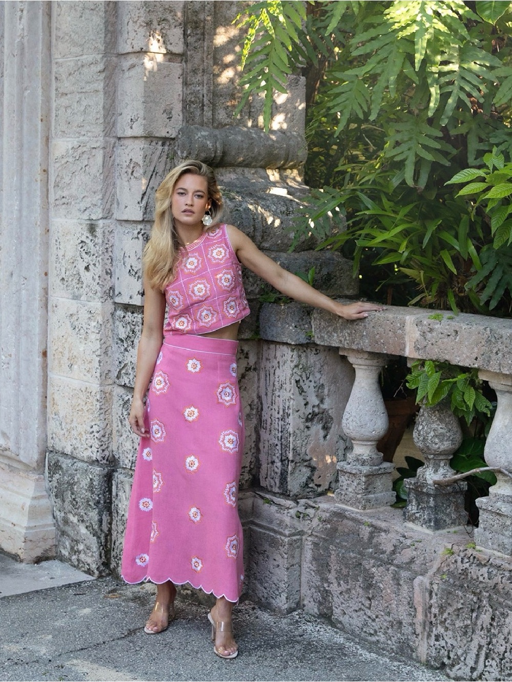 ASHA Women's Pink Floral linen Maxi Skirt -
